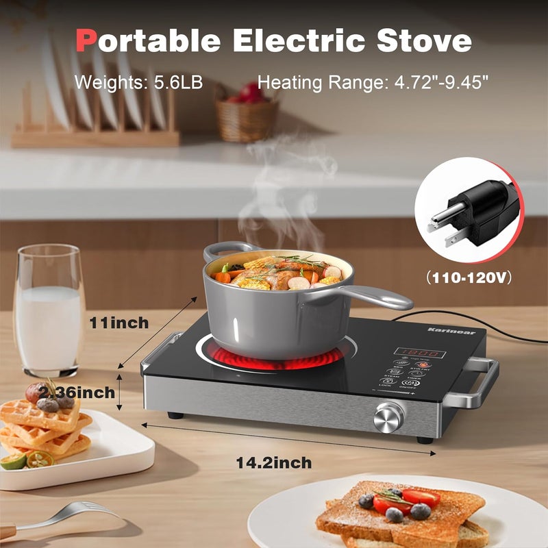 Karinear Portable Electric Stove 110V, 1800W Electric Hot Plate with Handle, Knob Control Single Burner Electri Cooktop, Ceramic Infrared Countertop Burner, Timer, Safety Lock - Image 4